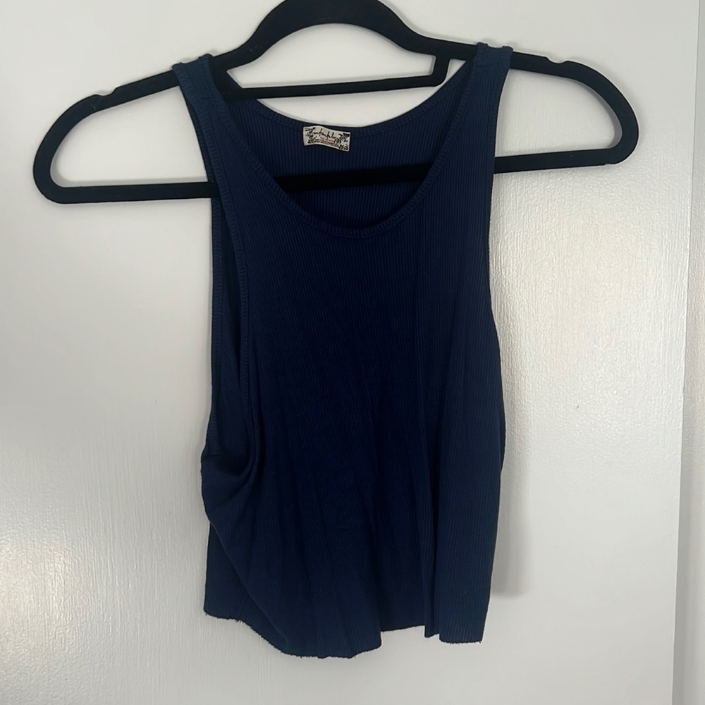 High-Neck Ribbed Crop Navy Sz L - Picture 3 of 5